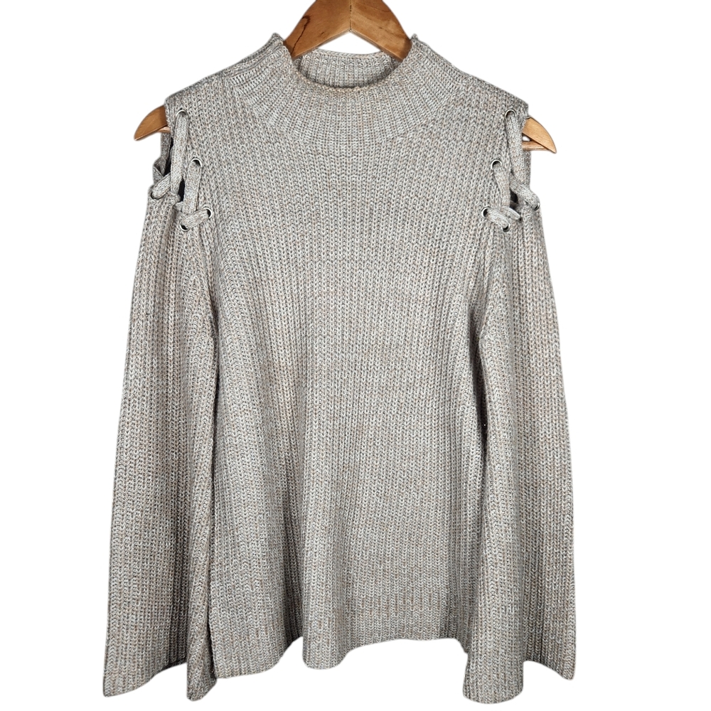 Hem & Thread Lace Up Shoulder Sweater Small Long Sleeves Beige